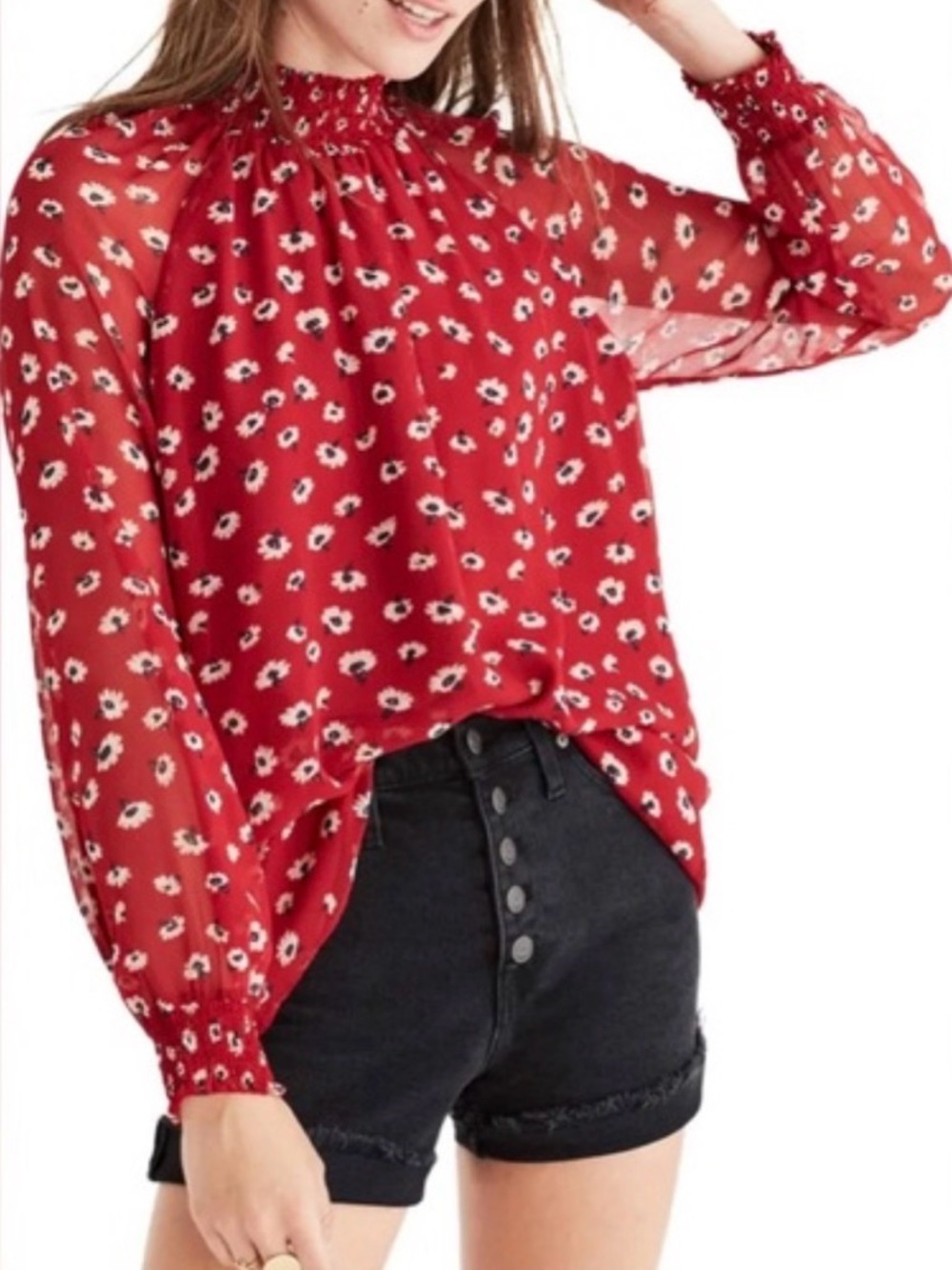 Madewell Red Floral Smocked-Neck Blouse - Picture 1 of 6